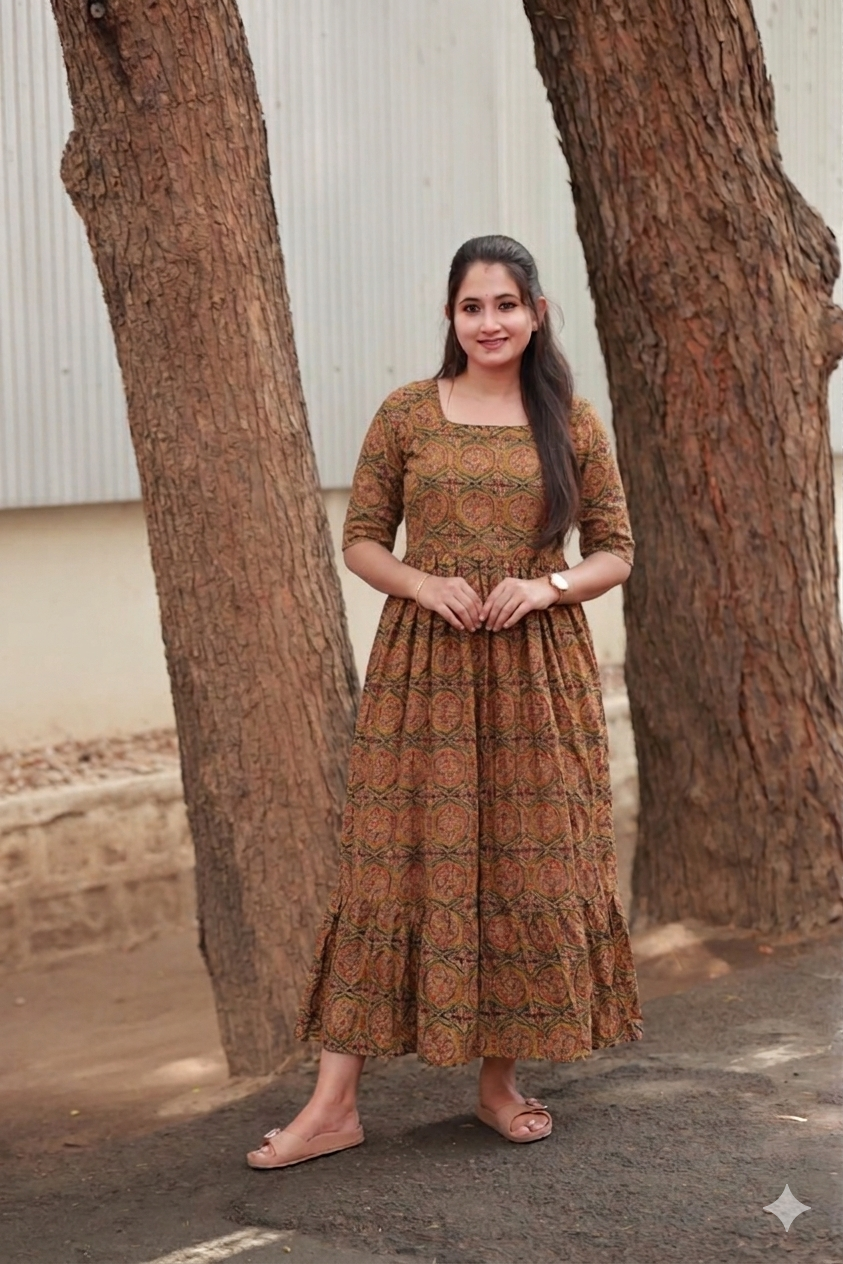 Cotton - Feeding/ Maternity Maxi/Gown - Cotton lining /Double side zip -  Ajrakh print
