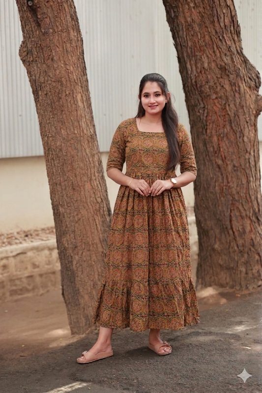 Cotton - Feeding/ Maternity Maxi/Gown - Cotton lining /Double side zip -  Ajrakh print