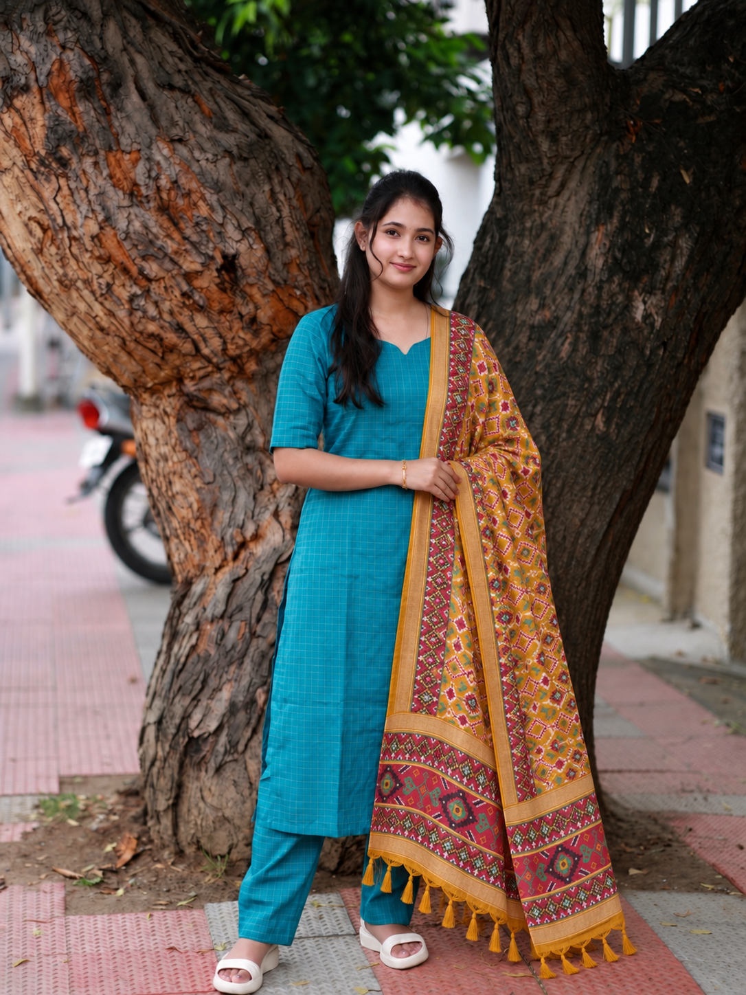 Raw Silk Maternity Chudidhar 3 pc  Set, Center Zip Top, Pant & Dupatta – Blue Checks