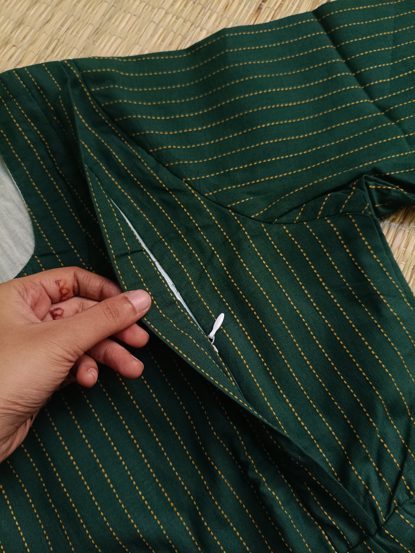 Prewashed Handloom Cotton Maternity Feeding Gown/Maxi /Double Side Zip- Green line