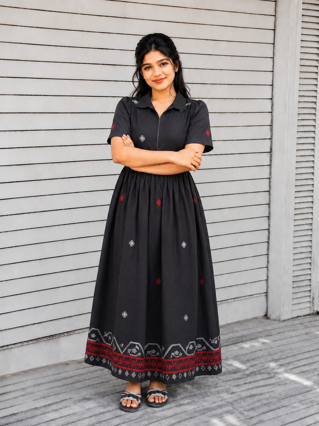 Handloom Jamdani - Maternity / Feeding - Maxi/Gown - Cotton Lining - Center zip- Collar black and white and red