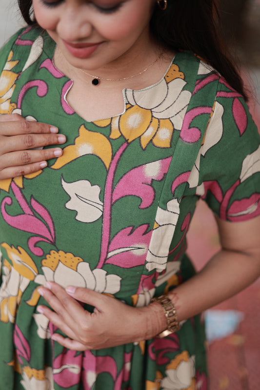 Kalamkari Cotton Maternity Feeding Gown/maxi / double side zip– Green Flower