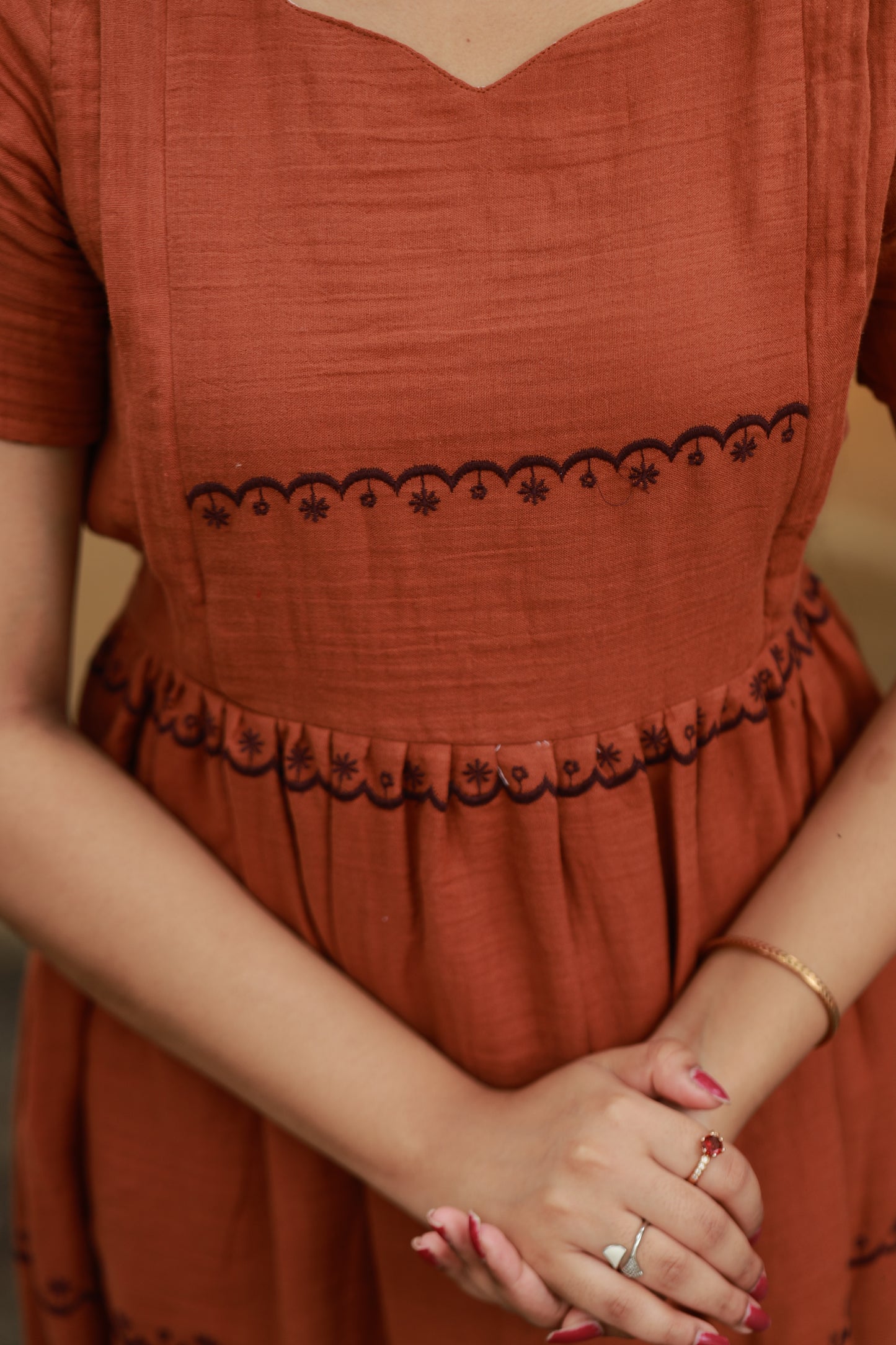 Premium Muslin- Feeding/ Maternity Maxi/Gown - Full Cotton lining /Double side zip -  Brown Muslin Embroidery