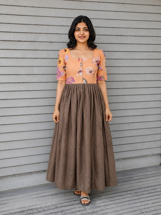 Raw silk Maternity Maxi/Gown in center zip - Festival Collection- Full cotton lining - Brown with orange flower