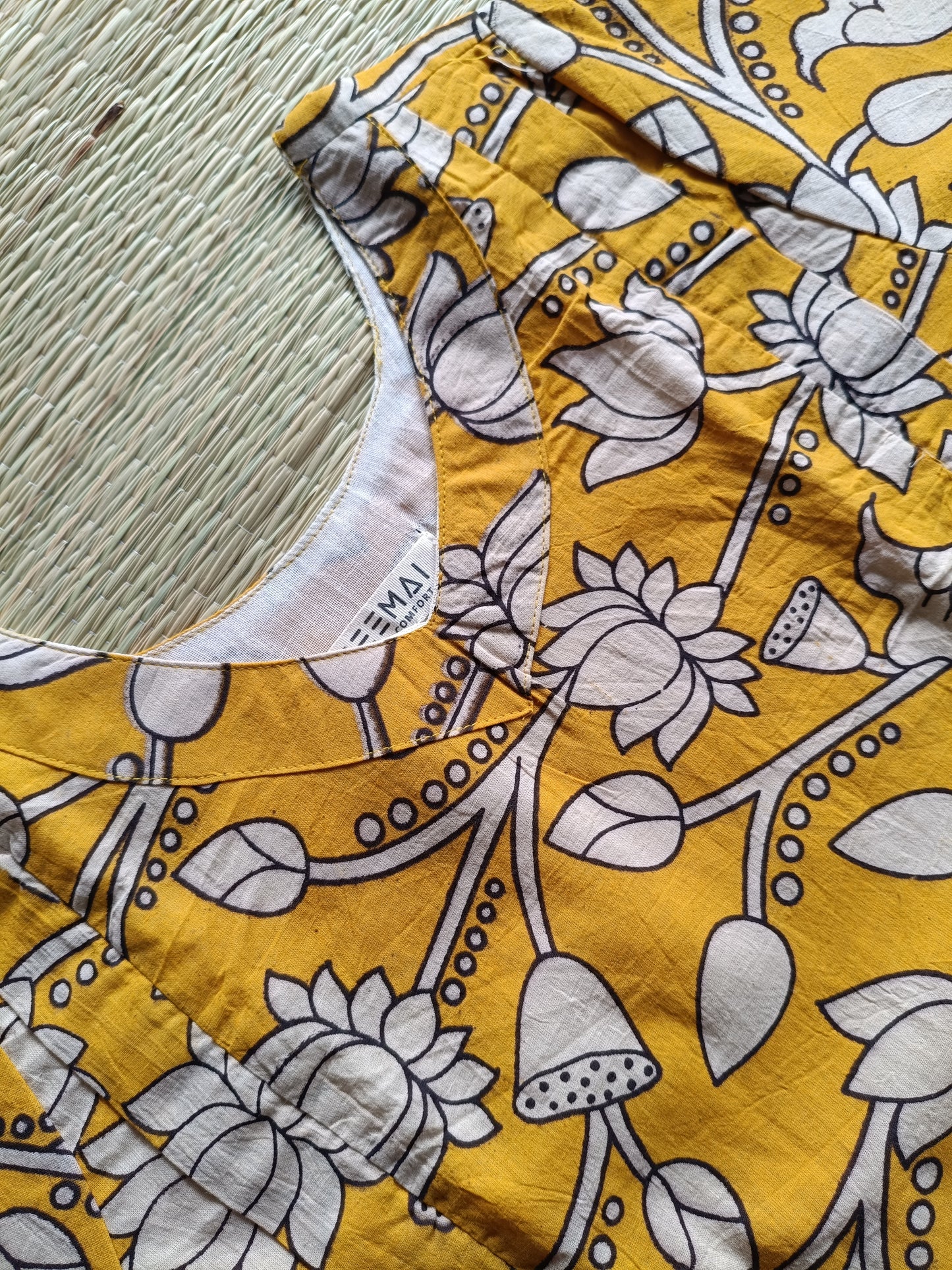 Block printed kalamkari cotton Maternity 2 pc chudidhar set [ Top with double side zip, and dupatta - Yellow flower