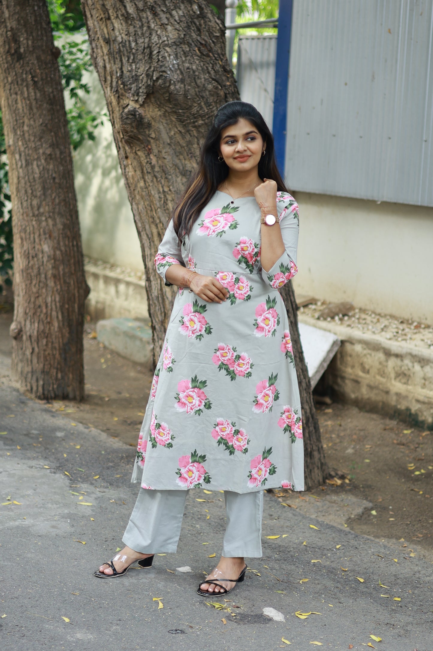 Cotton /Maternity 3 pc chudidhar set [ A line Top with double side zip, pant and dupatta] -Grey  with pink flower ( No side open top)