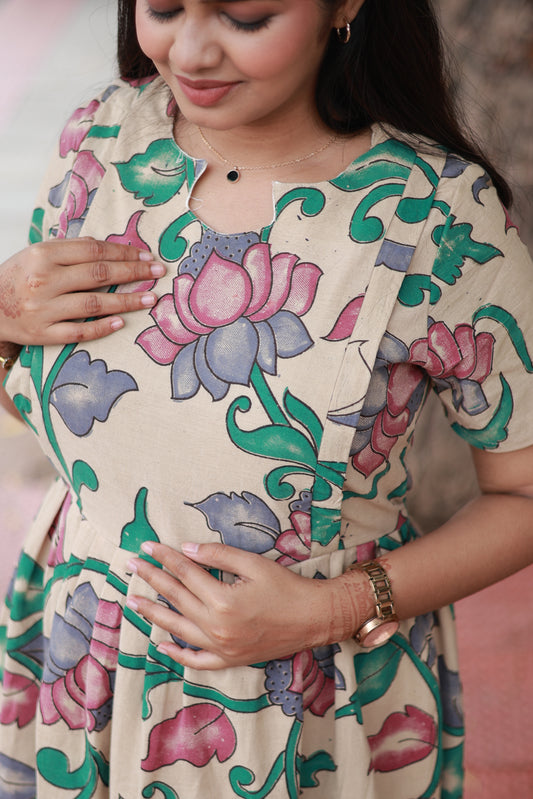Kalamkari Cotton Maternity Feeding Gown/ Maxi / double side zip– Pink Lotus