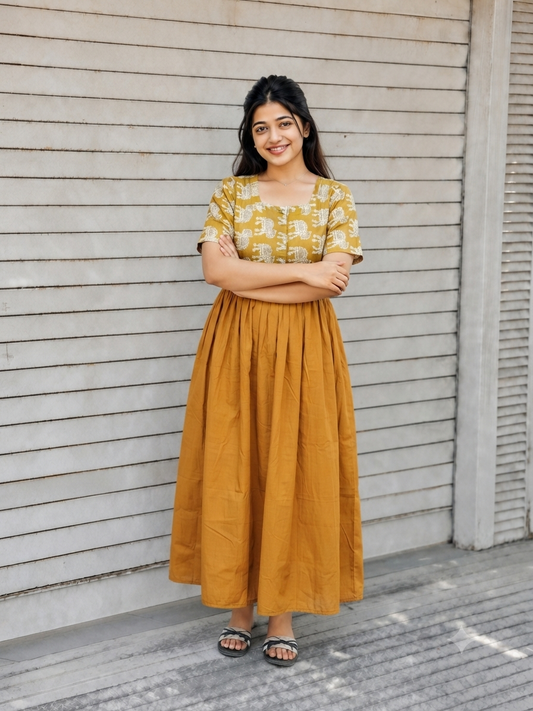Cotton / Raw silk Maternity Maxi/Gown in center zip - Festival Collection- Full cotton lining - Honey  with yellow pichwai