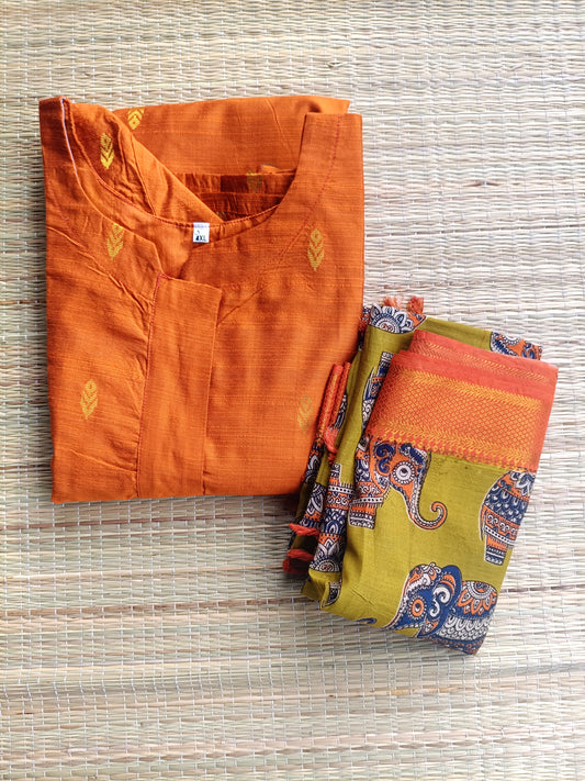 Raw silk Maternity 2 pc chudidhar set [ Top with center side zip, and dupatta - Orange ( No side open / A line kurti)