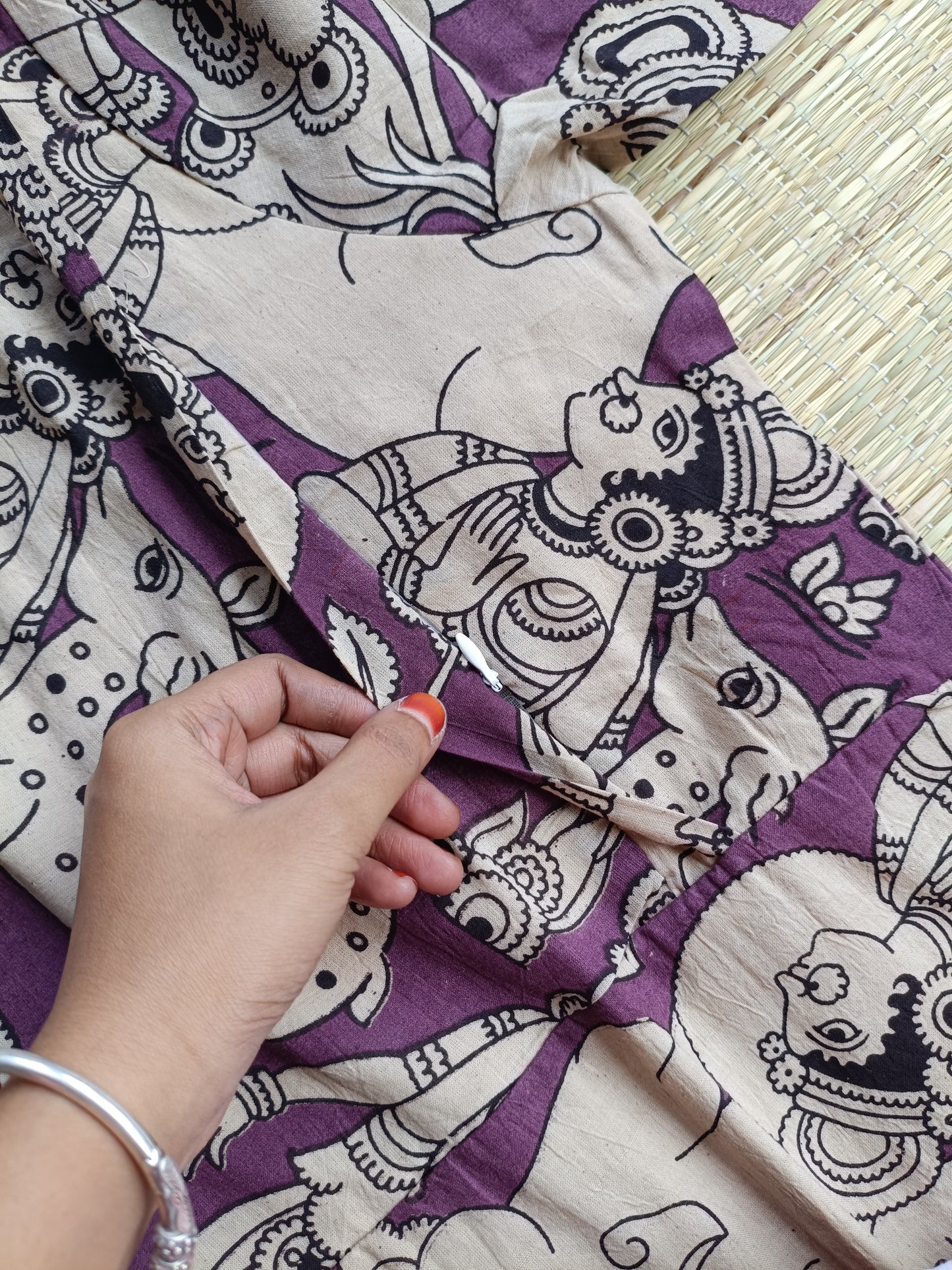 Block printed kalamkari cotton Maternity 2 pc chudidhar set [ Top with double side zip, and dupatta - Yazhi violet