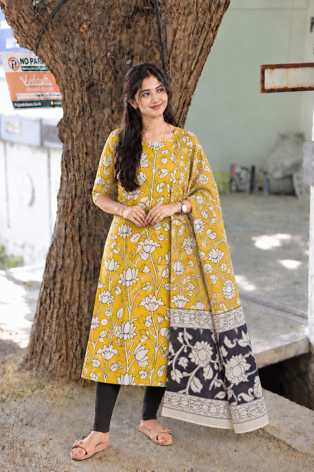 Block printed kalamkari cotton Maternity 2 pc chudidhar set [ Top with double side zip, and dupatta -Yellow flower