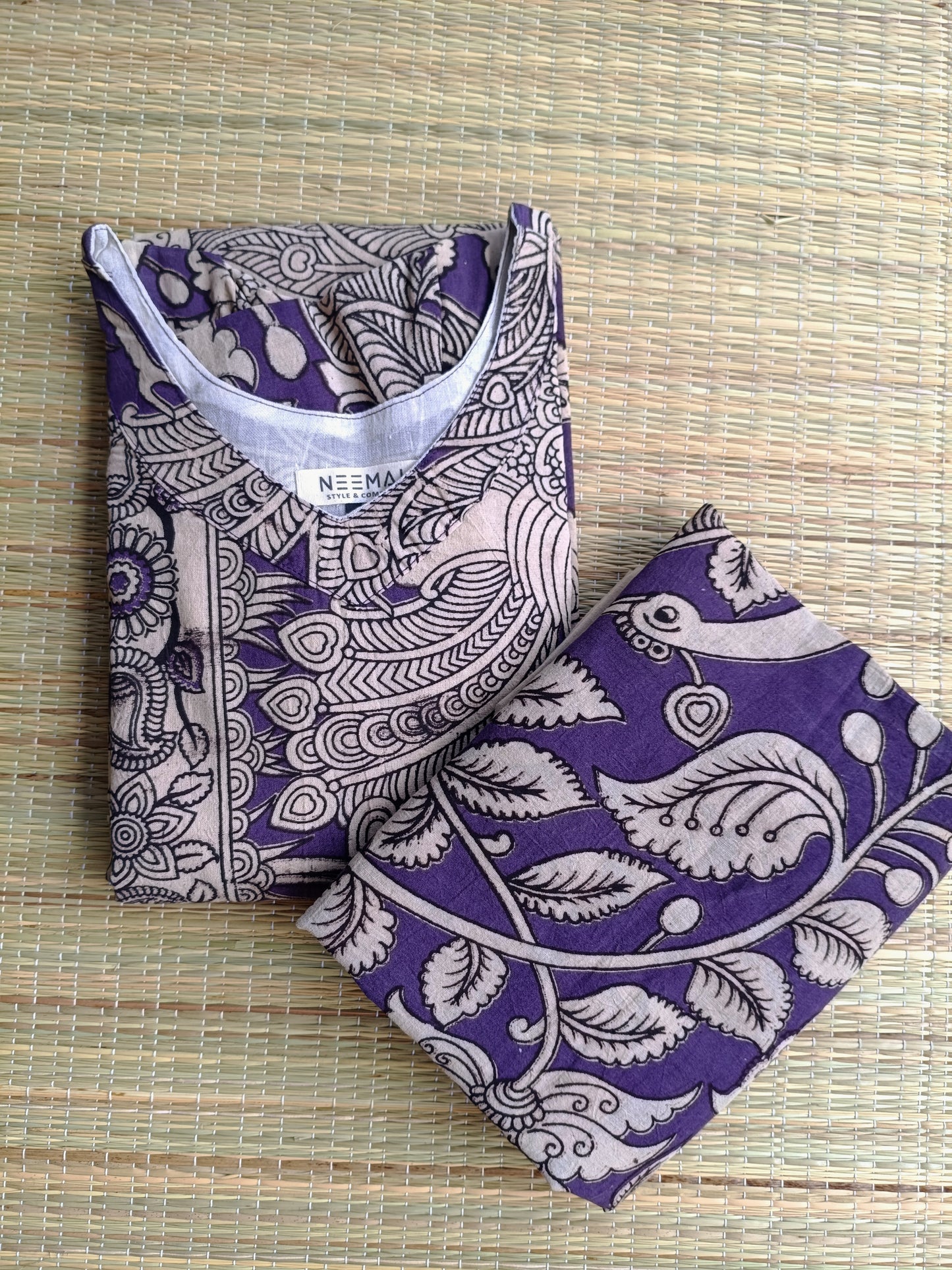Block printed kalamkari cotton Maternity 2 pc chudidhar set [ Top with double side zip, and dupatta - Violet and sandal flower
