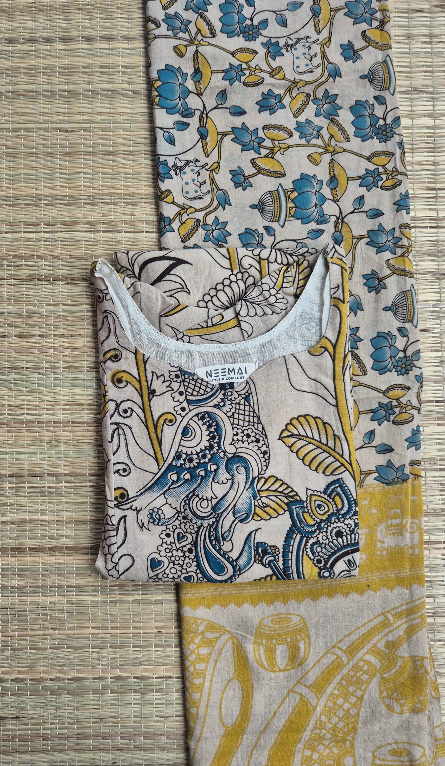 Block printed kalamkari cotton Maternity 2 pc chudidhar set [ Top with double side zip, and dupatta - Blue and yellow
