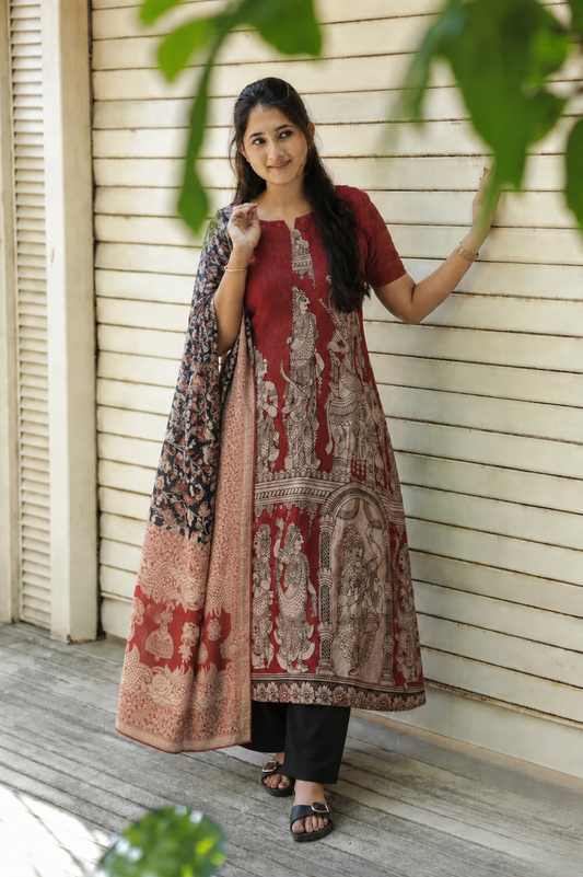 Block printed kalamkari cotton Maternity 2 pc chudidhar set [ Top with center side zip, and dupatta - Brown flower