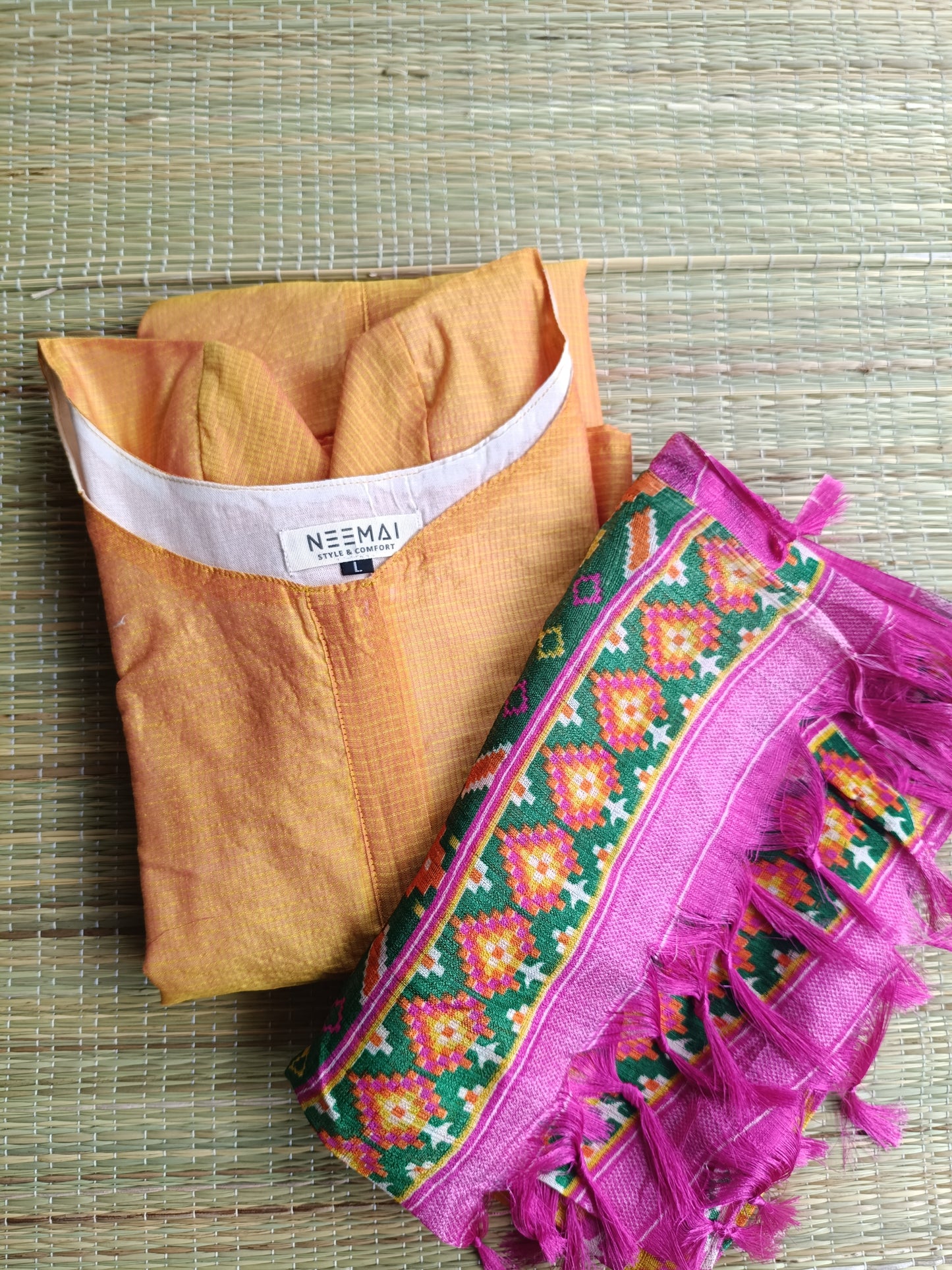2 Pc set / Center zip- Butter silk kurti with Dupatta-  Normal /Feeding kurti -  Orange with pink