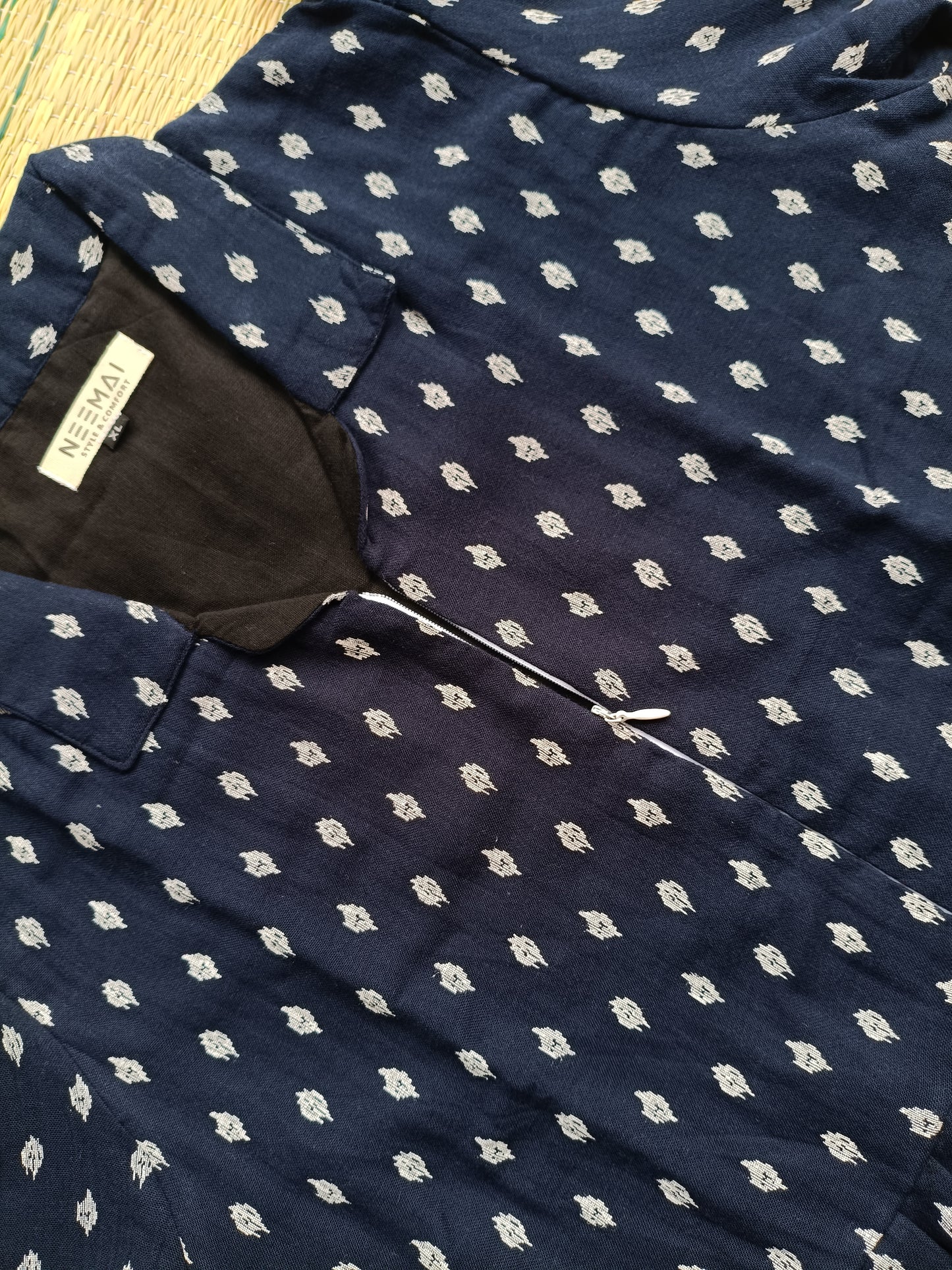 Premium Muslin/Cotton - Feeding/ Maternity Maxi/Gown - Cotton lining /Center zip -Collar  Navy blue and white butta