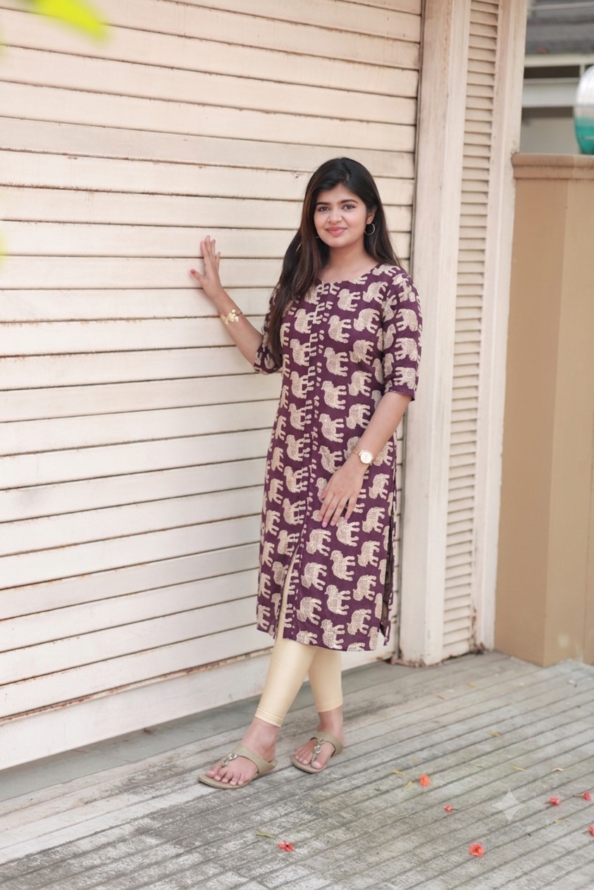 Center zip Kalamkari Cotton   Normal /Feeding kurti - Purple Elephant