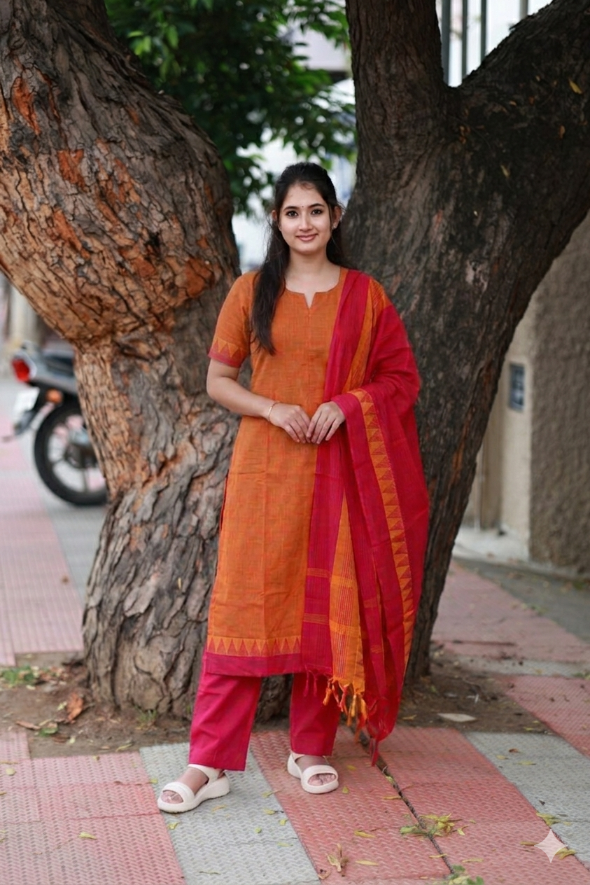 Handloom cotton Maternity 3 pc chudidhar set [ Top with center zip, pant and dupatta] -   Orange