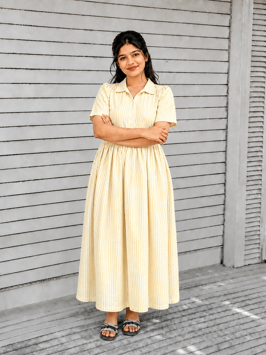 Popcorn Cotton - Feeding/ Maternity Maxi/Gown - Cotton lining /Center zip -Collar White with Yellow stripe