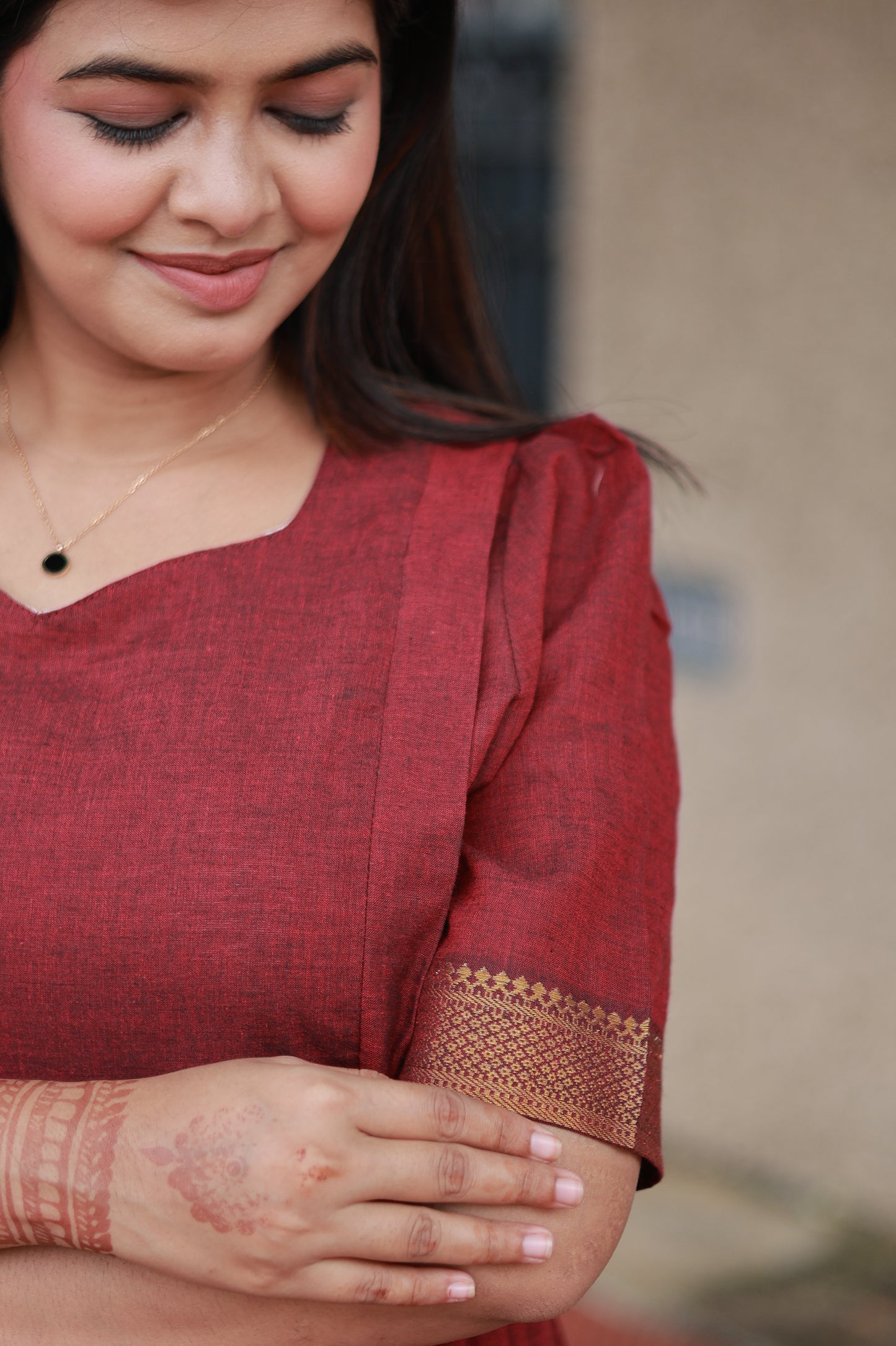 Chettinad Cotton -2 pc set -Maternity Maxi/Gown - Festival Collection -Full cotton lining- Double side zip with dupatta- Marron