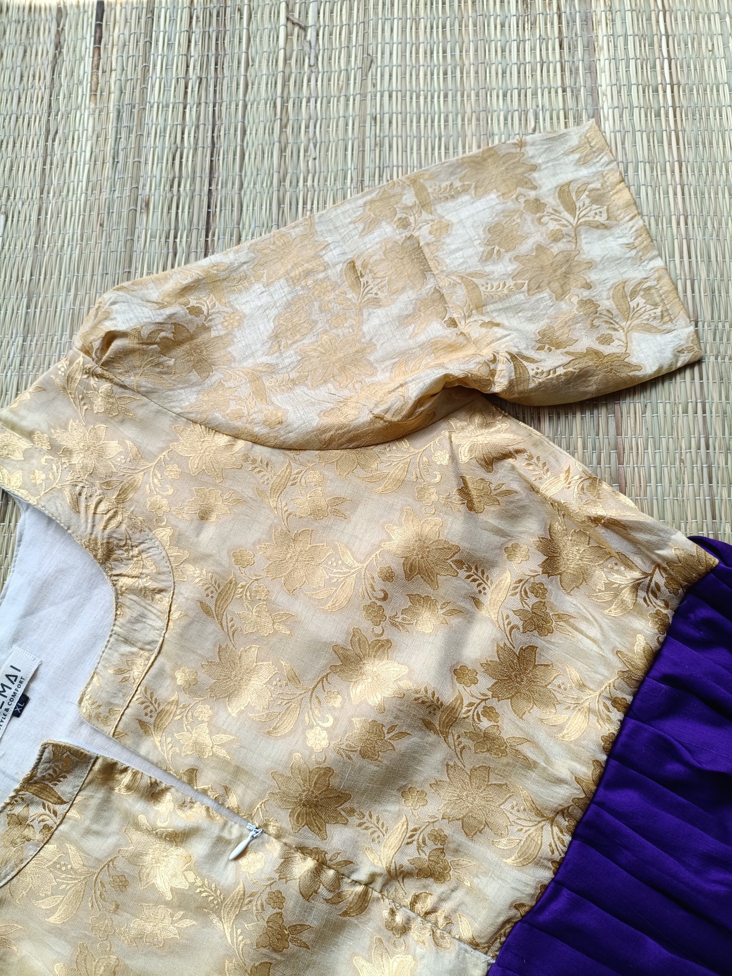 Raw silk Maternity Maxi/Gown in center zip - Festival Collection- Full cotton lining - White with purple