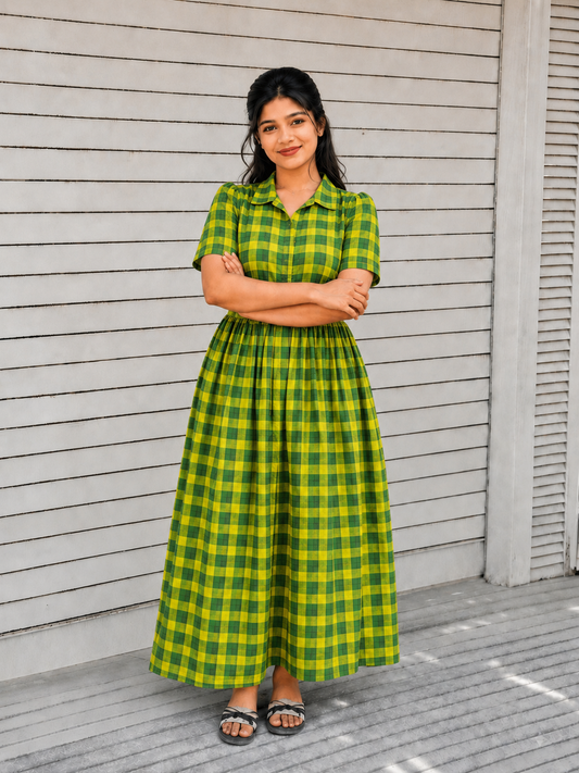 Madras checks Cotton - Feeding/ Maternity Maxi/Gown - Cotton lining /Center zip -Small check green