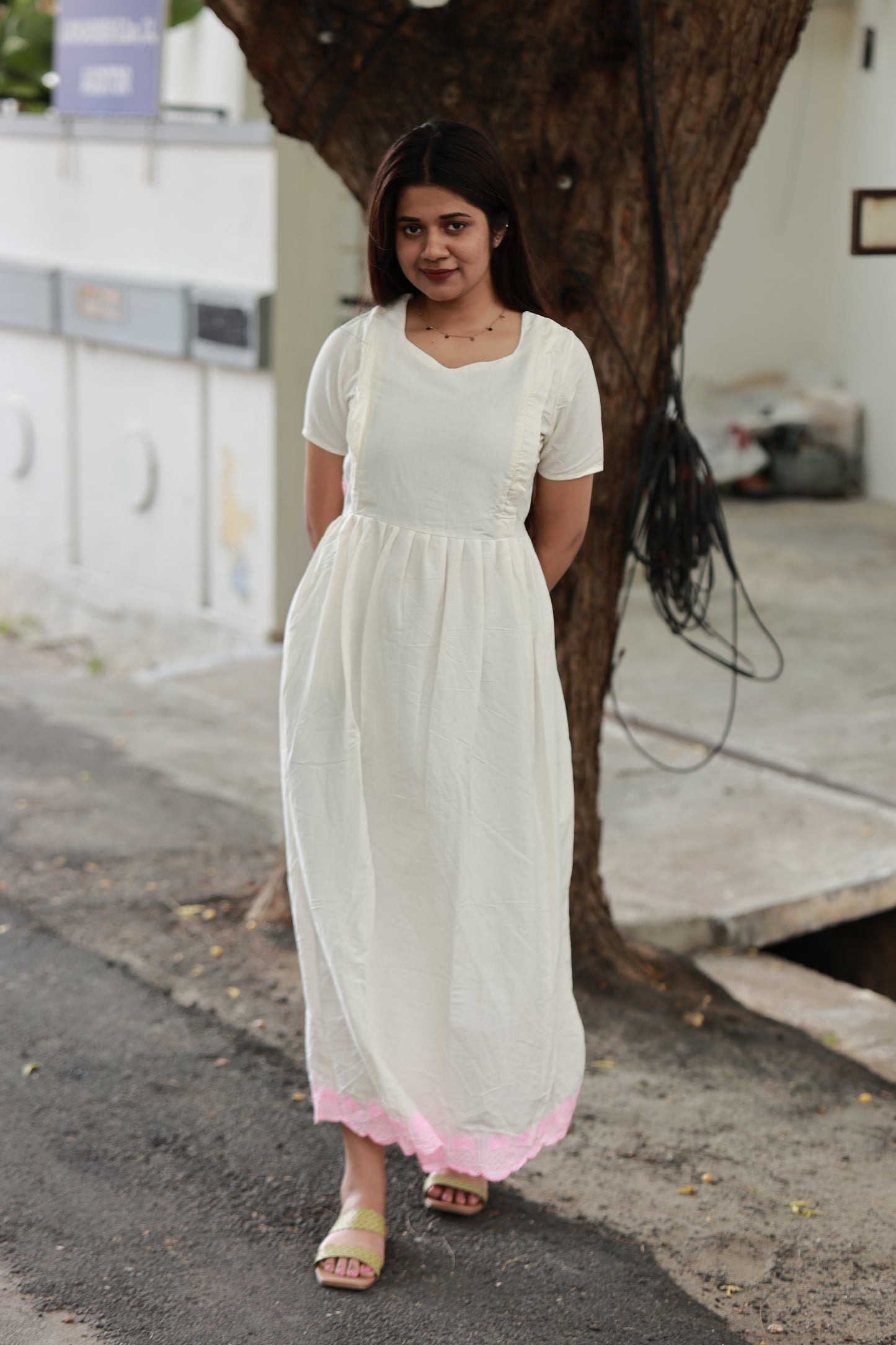 Premium Hakoba - Maternity / Feeding - Maxi/Gown -Full  Cotton Lining - Double side Zips - Hakoba off white and pink