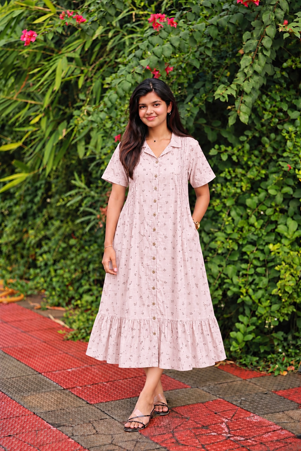 Muslin Collar A line Dress (Relaxed Fit)  – Blush pink|Front 4 Button Openable  Maternity & Feeding/Casual wear Dress