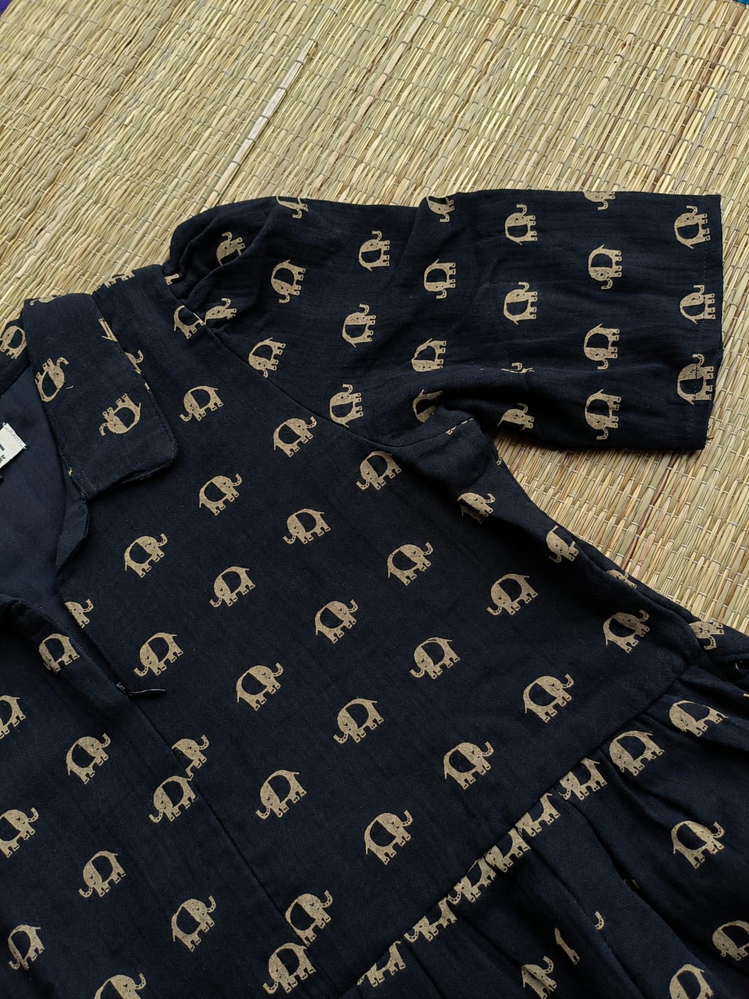 Premium Muslin - Feeding/ Maternity Maxi/Gown - Cotton lining with Center zip -Collar Black and sandal elephant