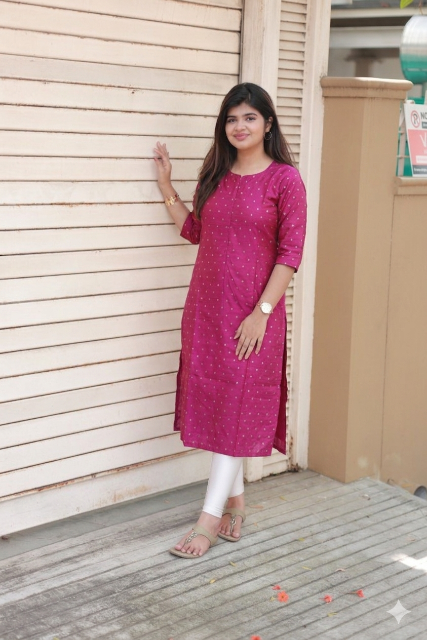 Raw Silk Center zip Cotton   Normal /Feeding kurti -Pink and White dot