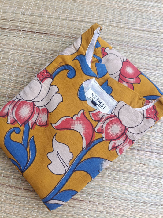 Kalamkari Cotton Maternity Feeding Gown/ Maxi /Double Side Zip- yellow big lotus