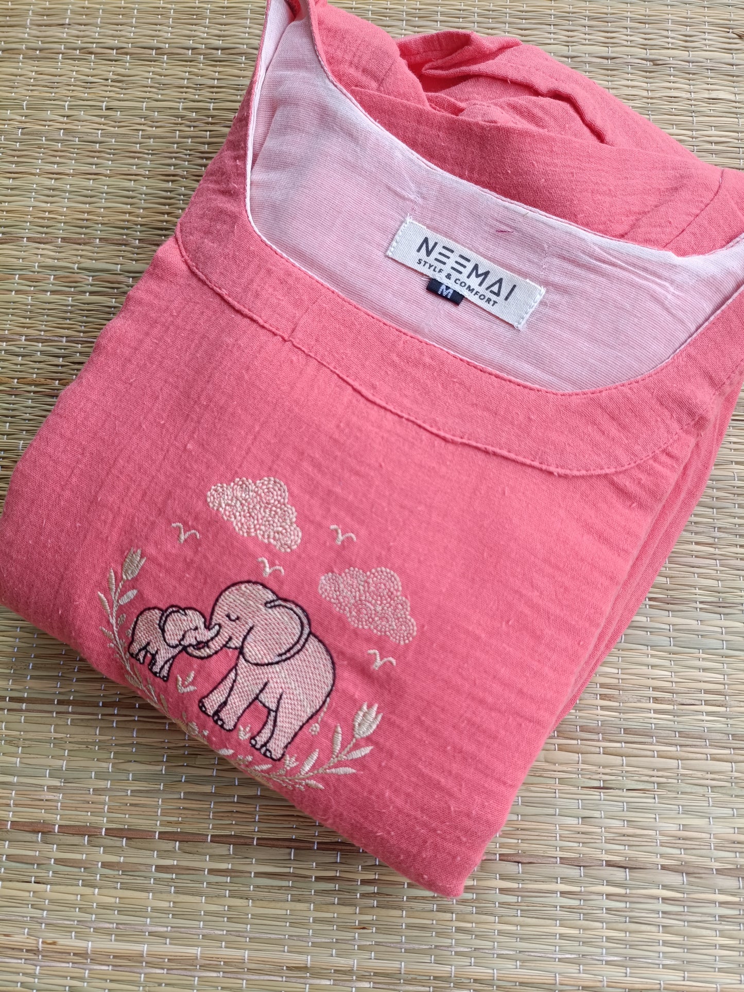 Muslin Cotton Maternity Feeding Dress – Peach| Double Side Nursing Zip( elephant embroidery Design)