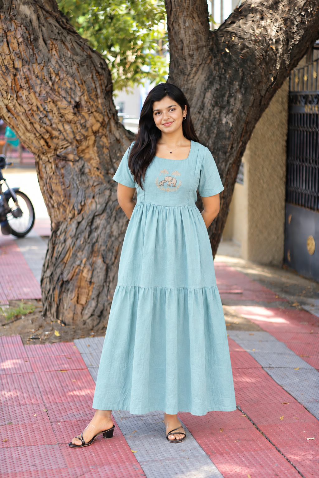 Premium Cotton Maternity Feeding Dress –Pastel  Green/Double Side Nursing Zip( elephant embroidery Design)