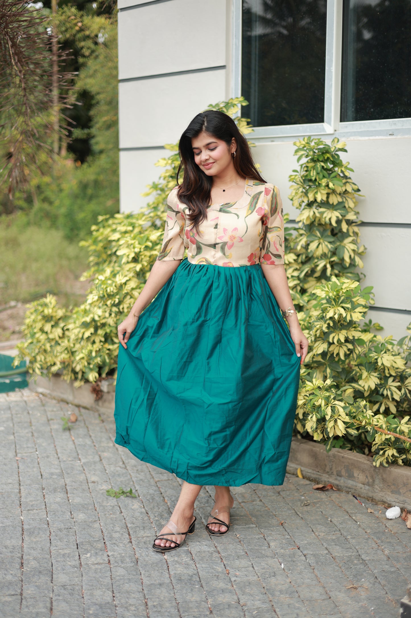 Raw silk Maternity Maxi/Gown in center zip - Festival Collection- Full cotton lining -Sandal with ramar green