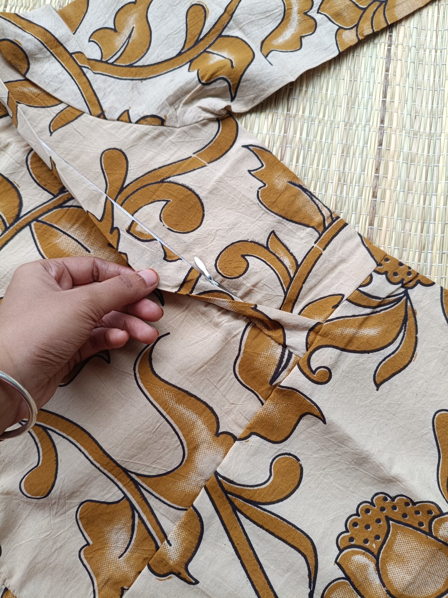 Block printed kalamkari cotton Maternity 2 pc chudidhar set [ Top with double side zip, and dupatta -Brown flower