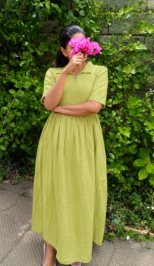 Premium Cotton - Feeding/ Maternity Maxi/Gown - Cotton lining /Center zip -Collar  Green