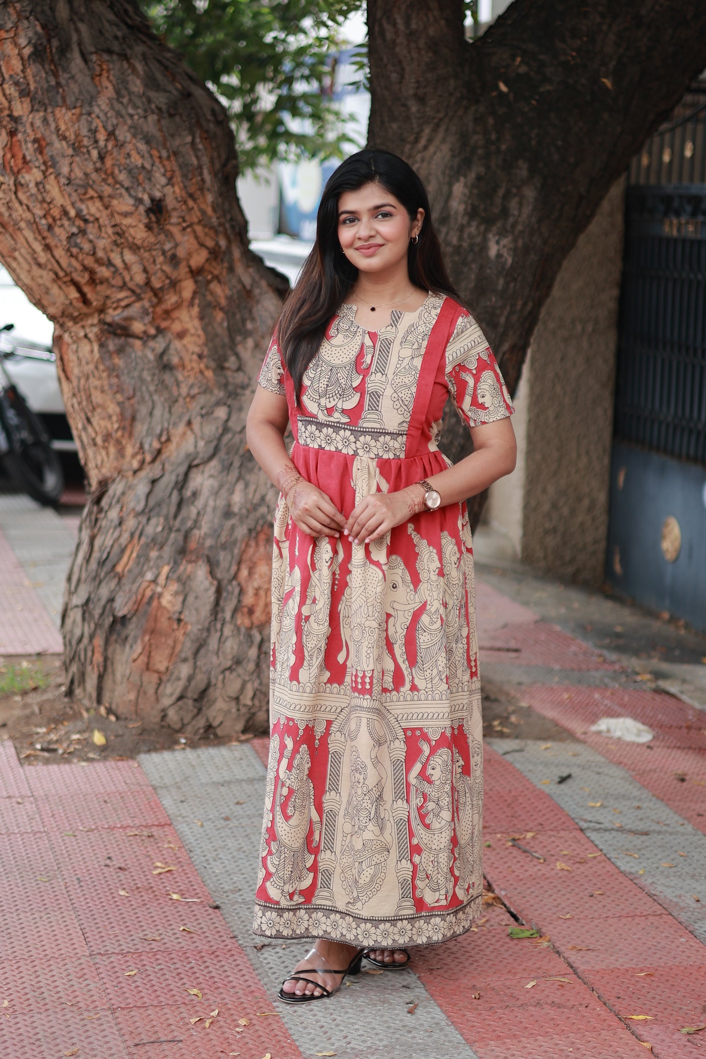 Kalamkari cotton- Feeding/ Maternity Maxi/Gown - Cotton lining  / Double side zip- Red with sandal