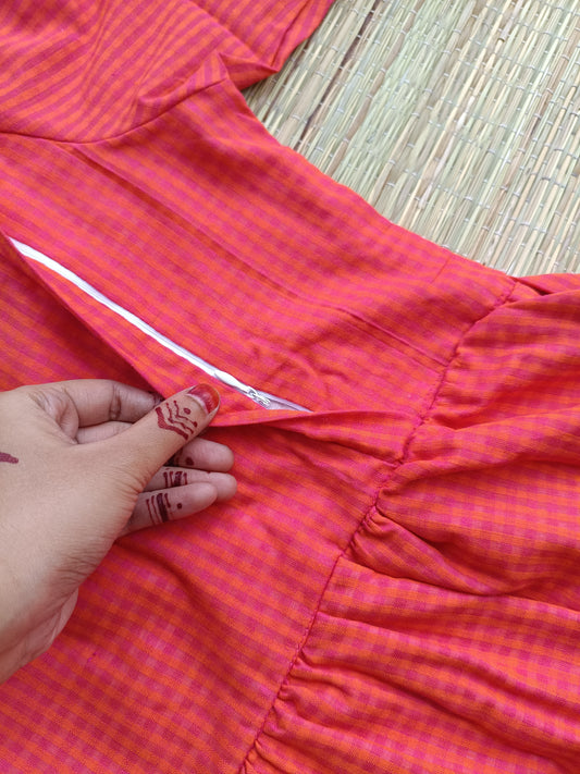 Mul Mul Cotton - Feeding/ Maternity Maxi/Gown - Cotton lining /Double side zip -  Pink Checks