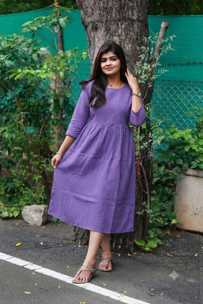 Cotton Maternity/Feeding Midi/Gown - Self Purple - (Chest part lining)