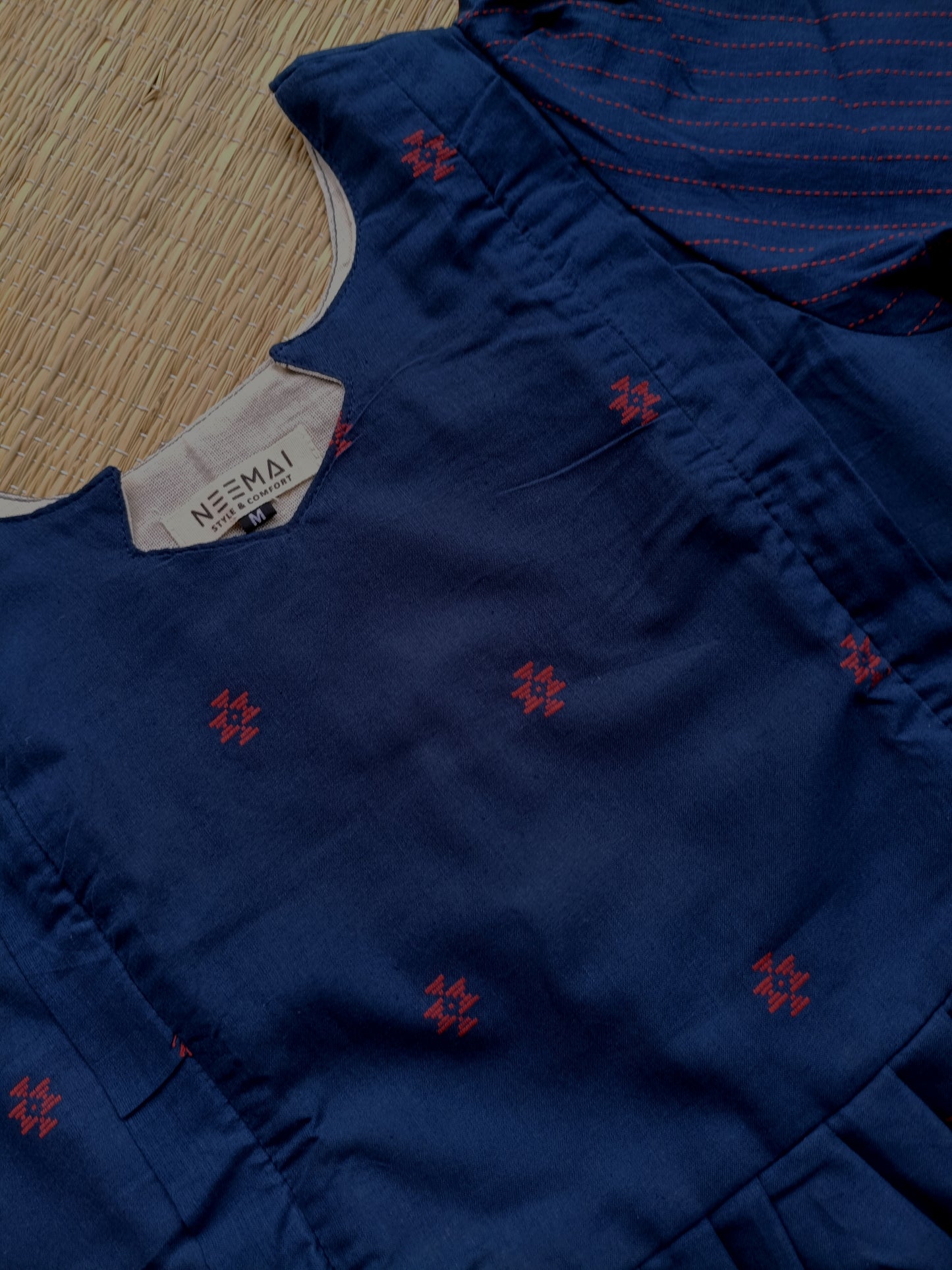 Handloom Cotton Maternity Feeding Gown/ maxi / Double side zip–Navy blue with pink butta