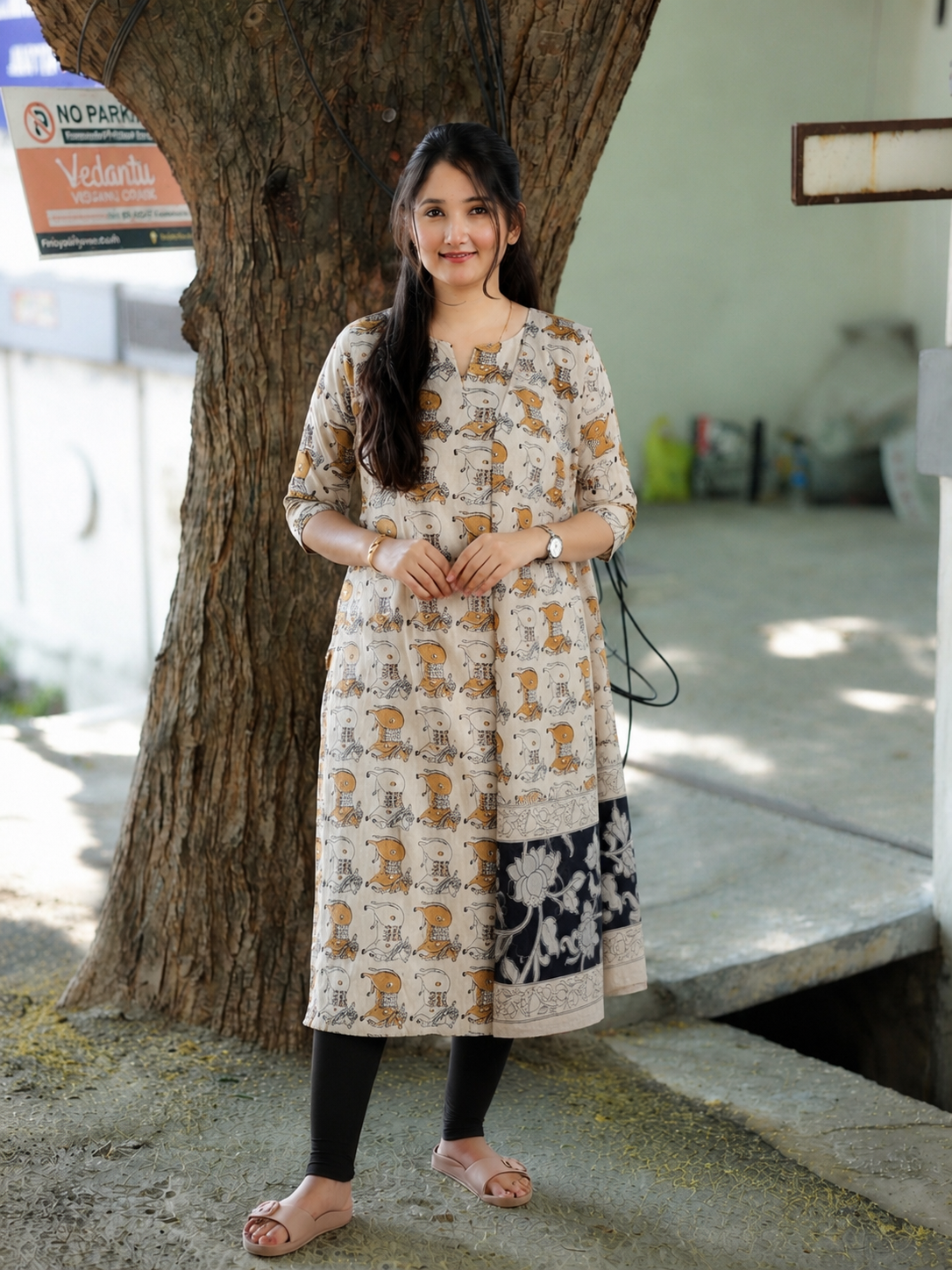 Block printed kalamkari cotton Maternity 2 pc chudidhar set [ Top with double side zip, and dupatta - Brown and sandal pichwai