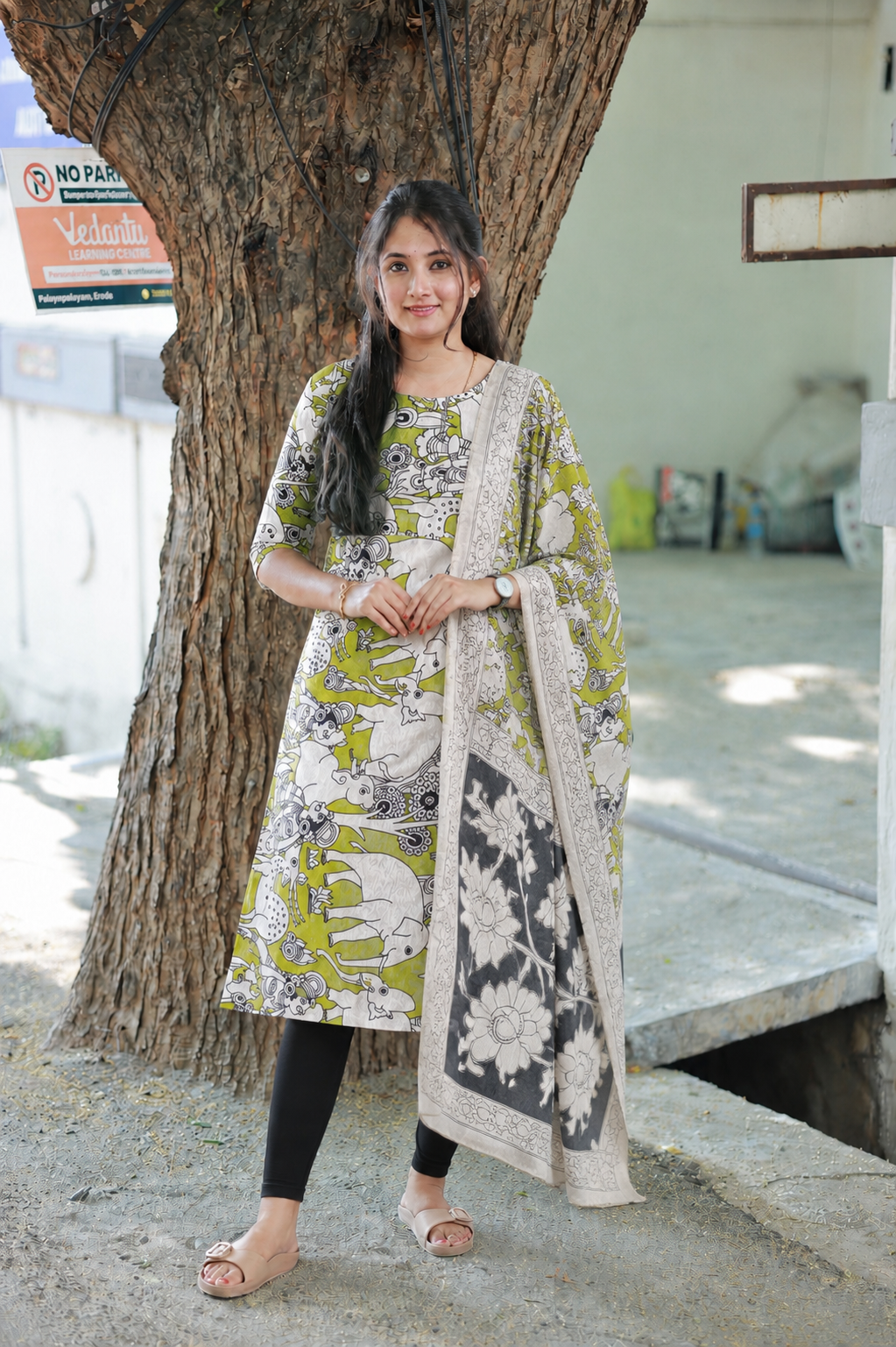 Block printed kalamkari cotton Maternity 2 pc chudidhar set [ Top with double side zip, and dupatta - Yazhi Green