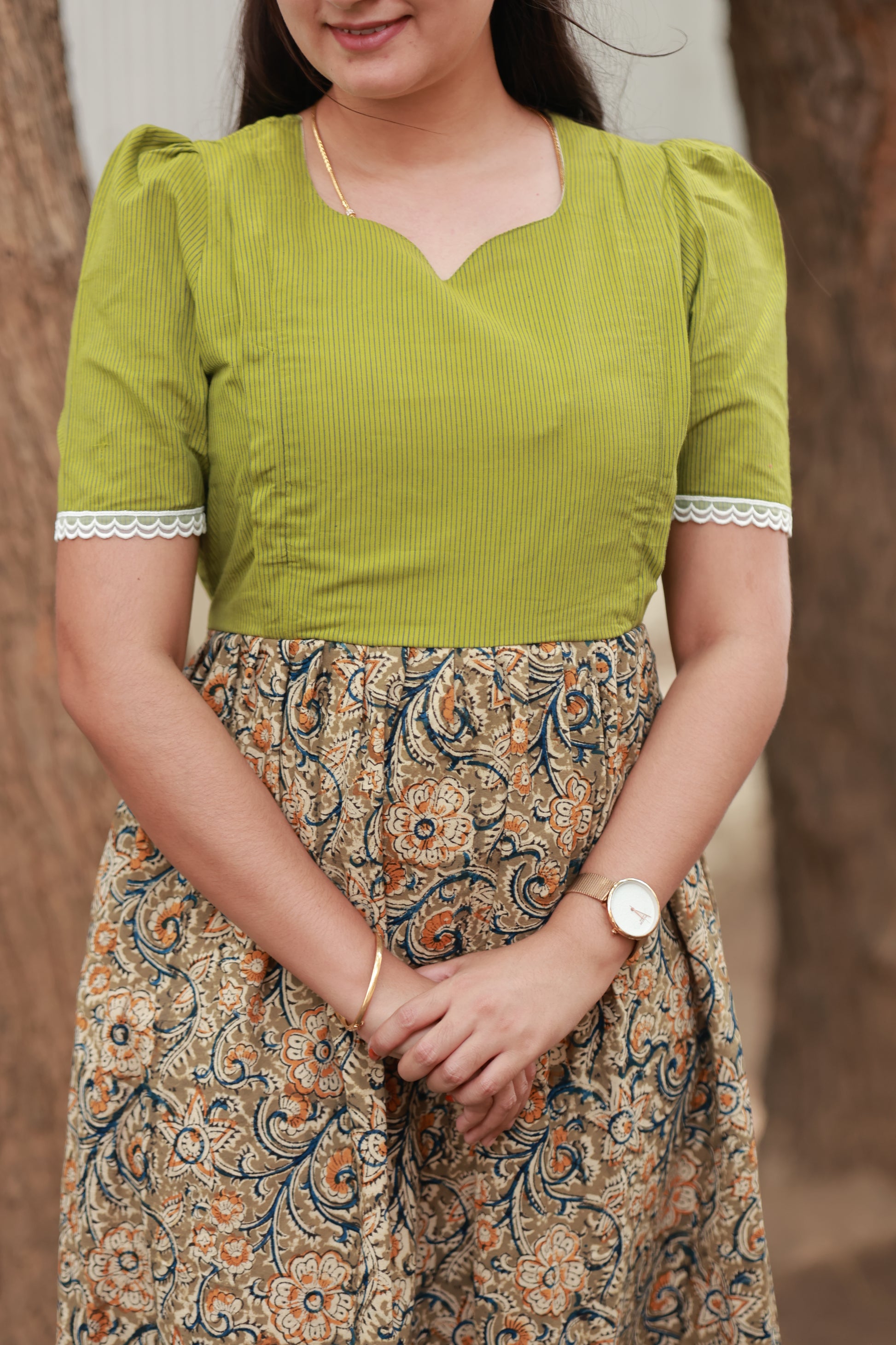 Kalamkari Cotton - Feeding/Maternity- Maxi/Gowns- Double side zip- Elegant green yoke design, Contrast Kalamkari panel