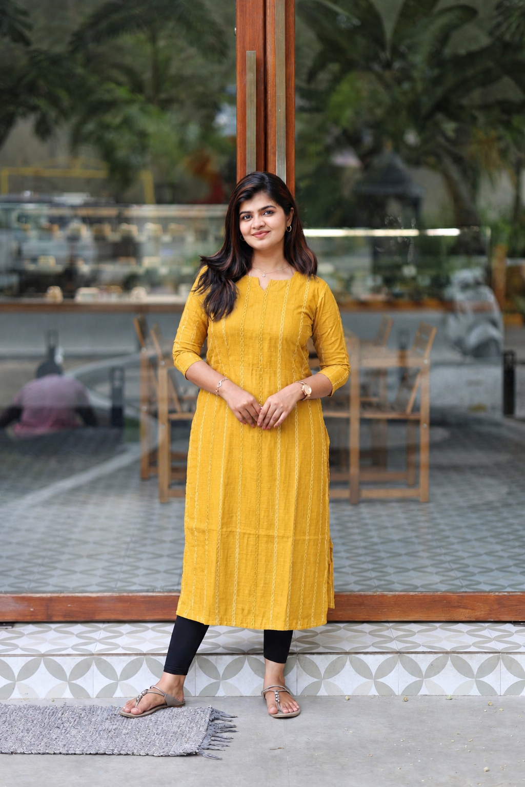 Raw Silk Maternity 2 Pc Chudidhar Set –Yellow line/Double side Zip (Side Open Top + Dupatta)