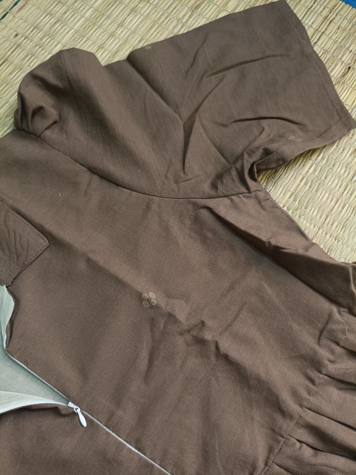Prewashed Handloom Jamdani - Maternity / Feeding - Maxi/Gown - Cotton Lining - Center zip- Collar Mocha Brown