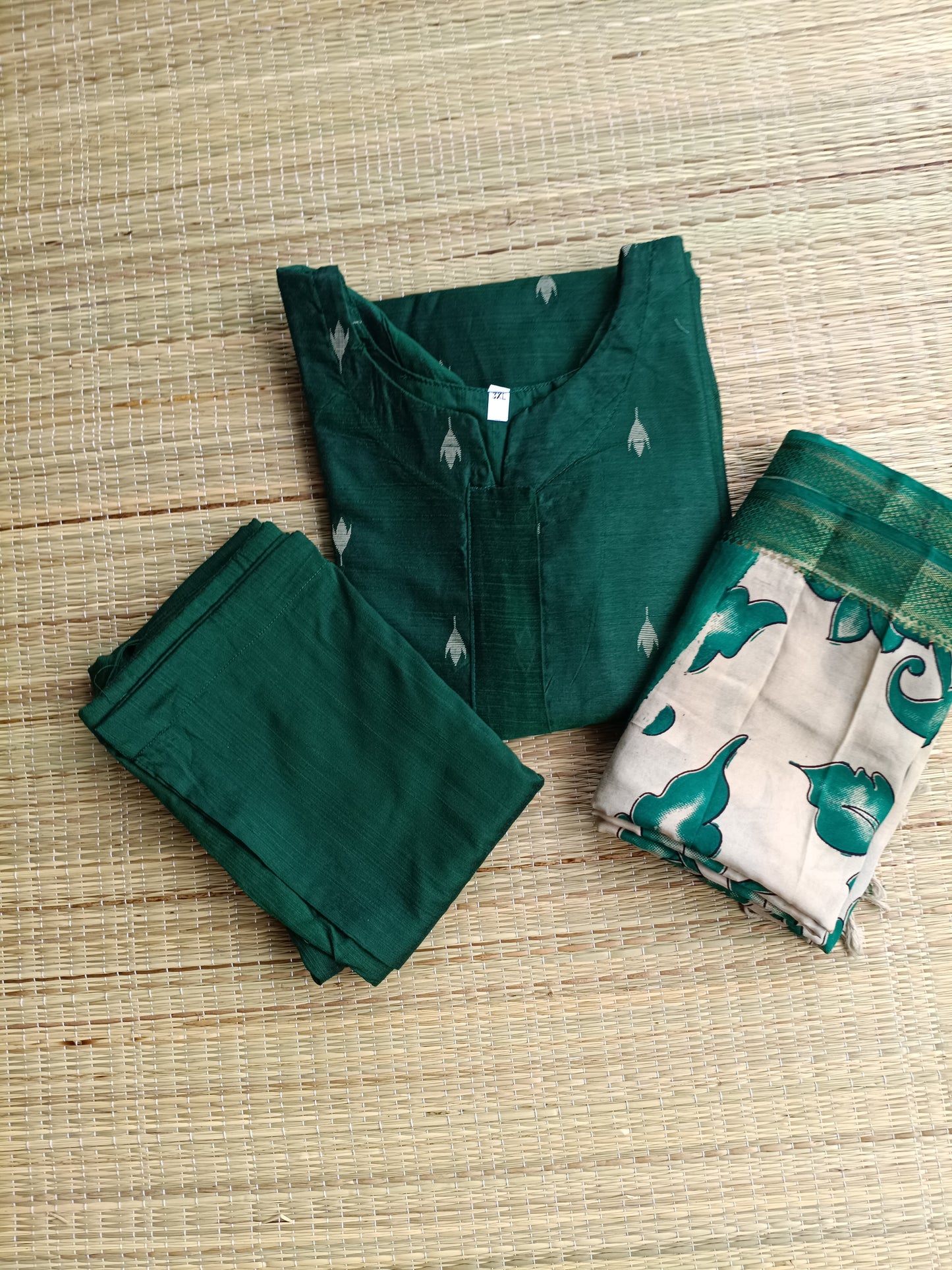Raw silk Maternity 3 pc chudidhar set [ Top with center side zip,  Pant and dupatta - Forest green