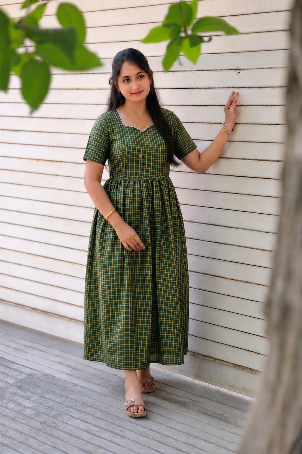 Raw silk Maternity Maxi/Gown - Festival Collection - Chettinad Green checks Gram