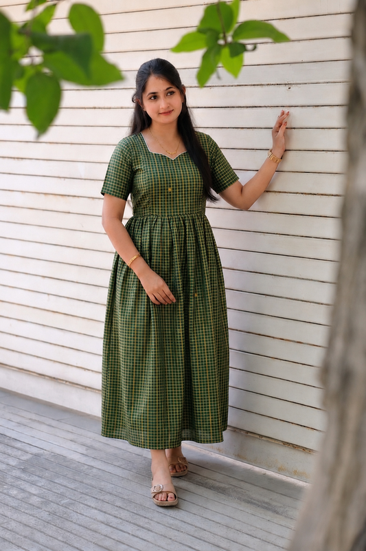 Raw silk Maternity Maxi/Gown - Festival Collection - Chettinad Green checks Gram