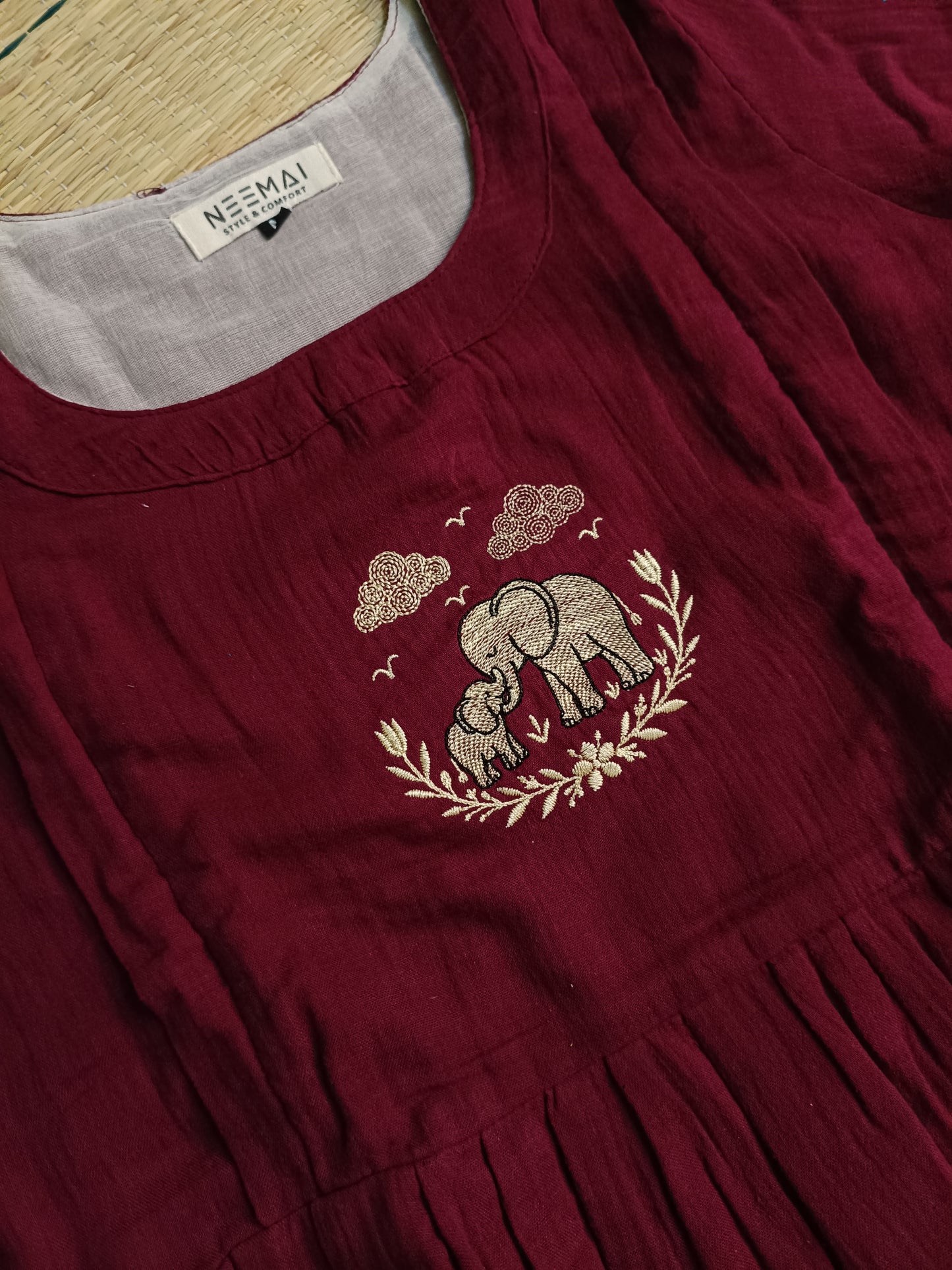 Muslin Cotton Maternity Feeding Dress – Maroon| Double Side Nursing Zip( elephant embroidery Design)