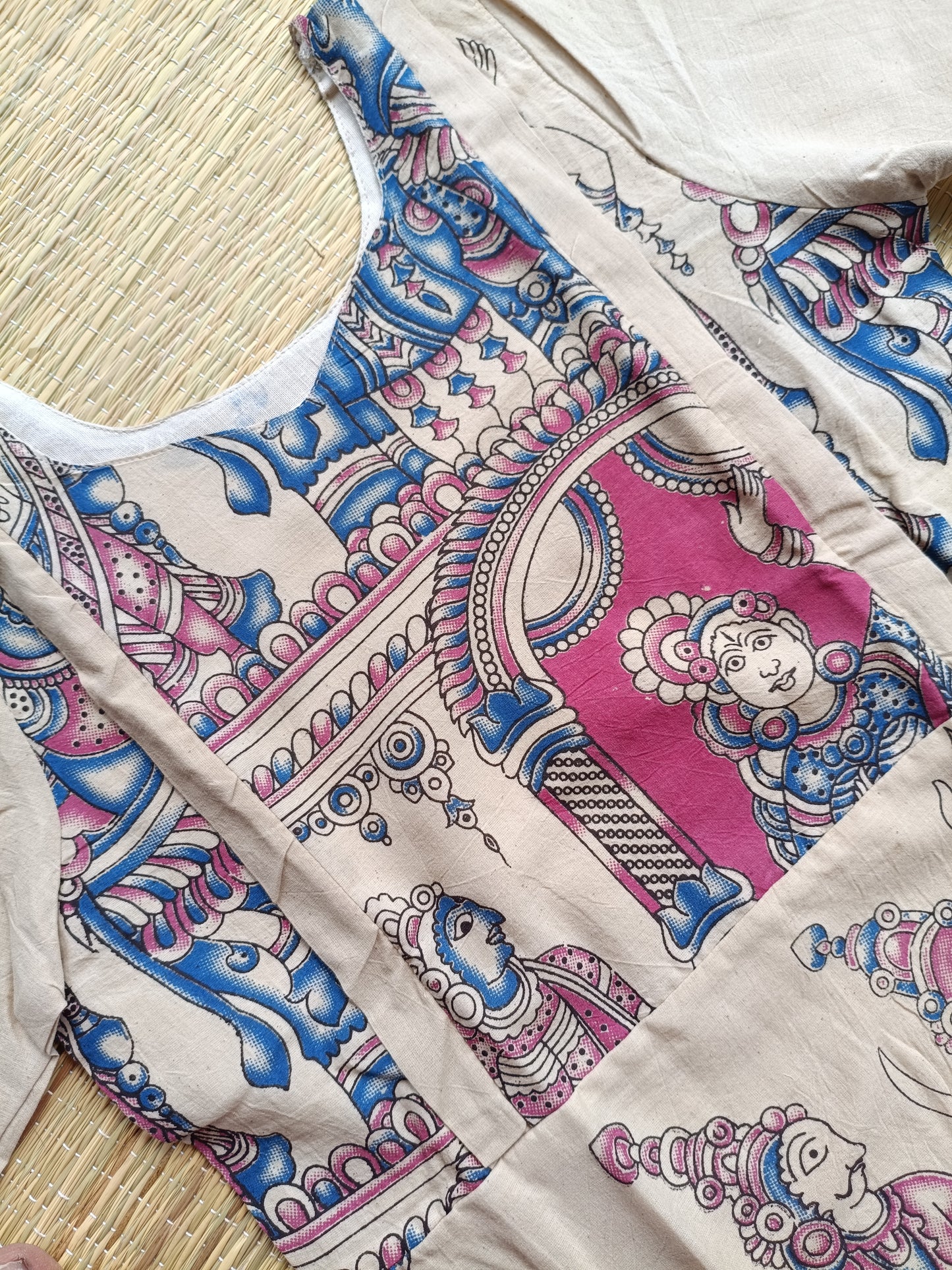 Block printed kalamkari cotton Maternity 2 pc chudidhar set [ Top with double side zip, and dupatta - Pink and blue